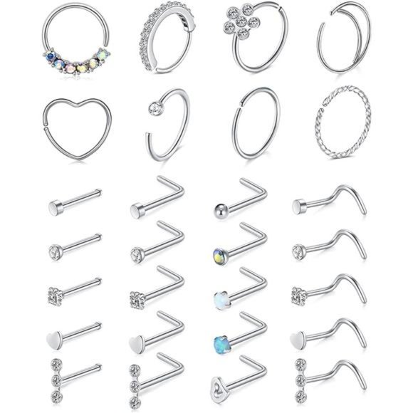 28 Pack Nose Rings Stainless Steel Hoop L Shape Nose Studs Nose Screw Bone - Picture 1 of 2